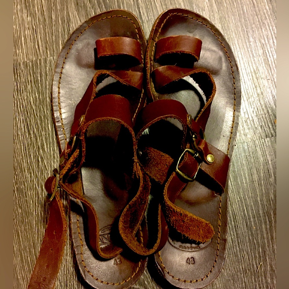A pair of leather sandals made in Greece.